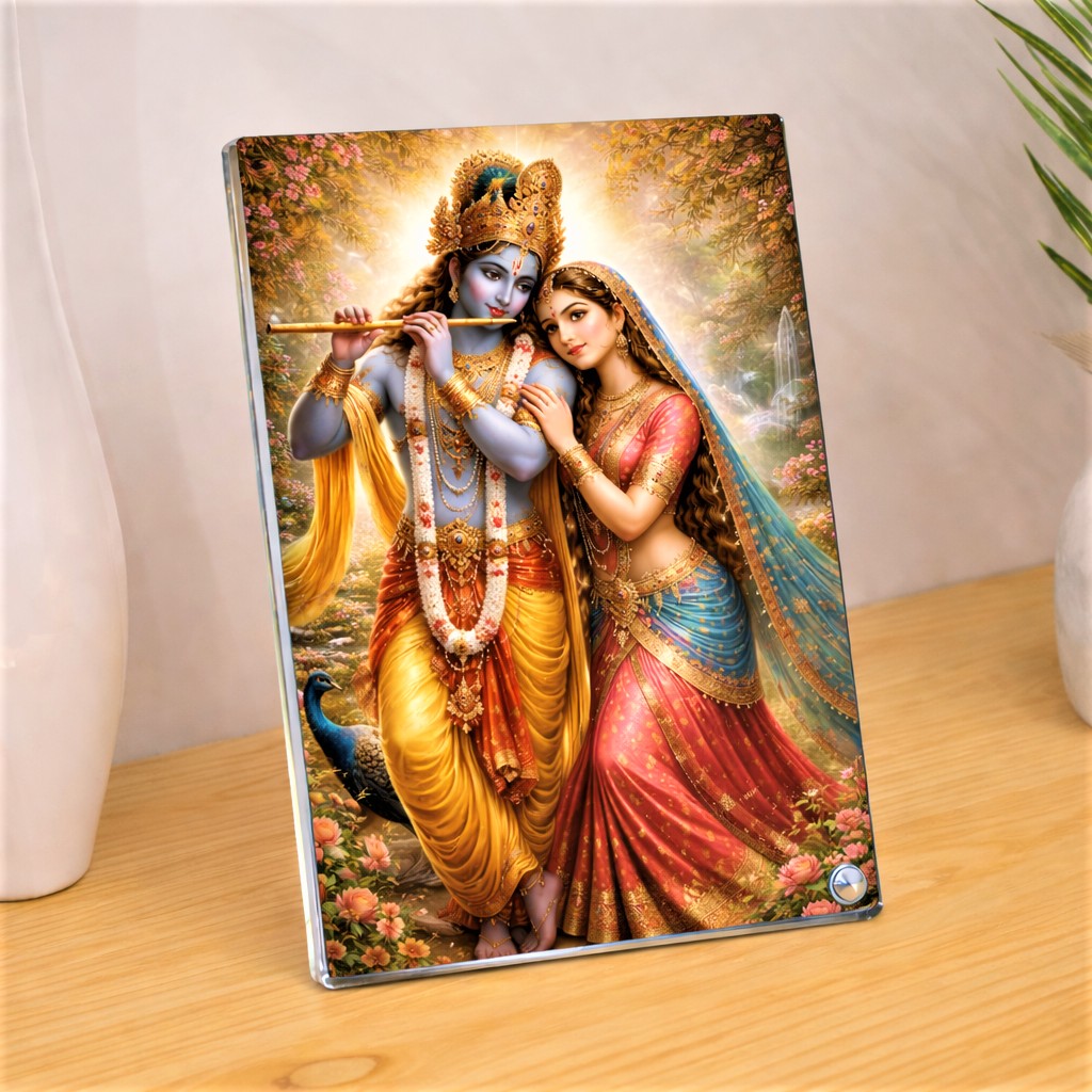 Divine Radha Krishna Love & Music Acrylic Photo Frame Sparkle Acrylic Photo Frame, Religious Images, Puja Room, Tabletop Framing Solutions, Residential/Commercial Decor, Premium Gifts