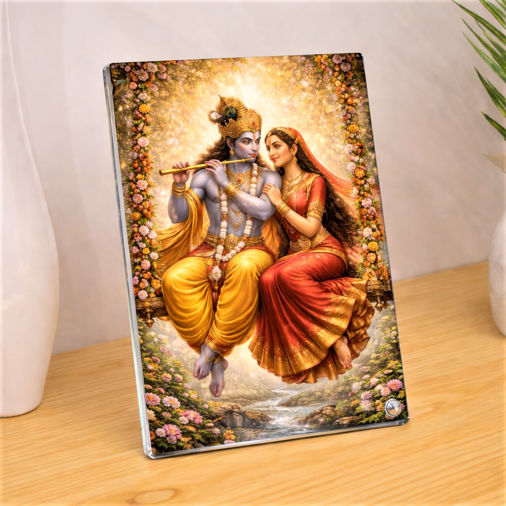 Radha Krishna Floral Swing Sparkle Acrylic Frame Sparkle Acrylic Photo Frame, Religious Images, Spiritual Images, Puja Room, Tabletop Framing Solutions, Residential/Commercial Decor, Premium Gifts