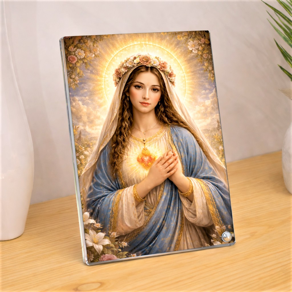 Serene Virgin Mary, Rose Crown, Glowing Immaculate Heart, Sparkle Acrylic Photo Frame, Religious Images, Spiritual Images, Tabletop Framing Solutions, Residential/Commercial Decor, Premium Gifts