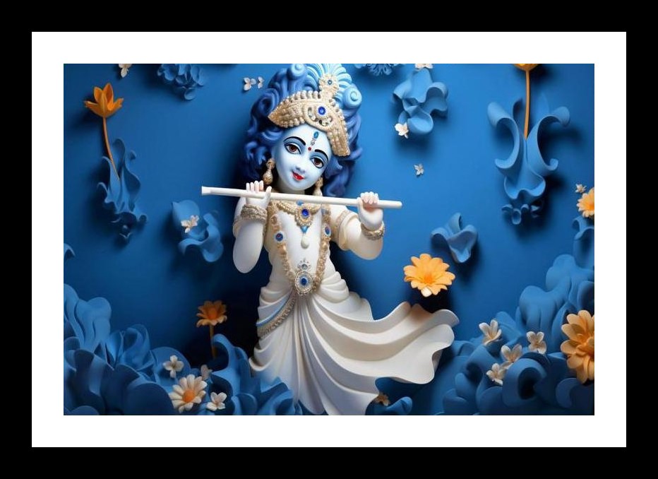 Young Krishna's Flute: Floral Serenade Wall Art, Interior Accents, Framing Solutions, Residential/Commercial Decor, Premium Gifts | Size: 8 x 12 inches