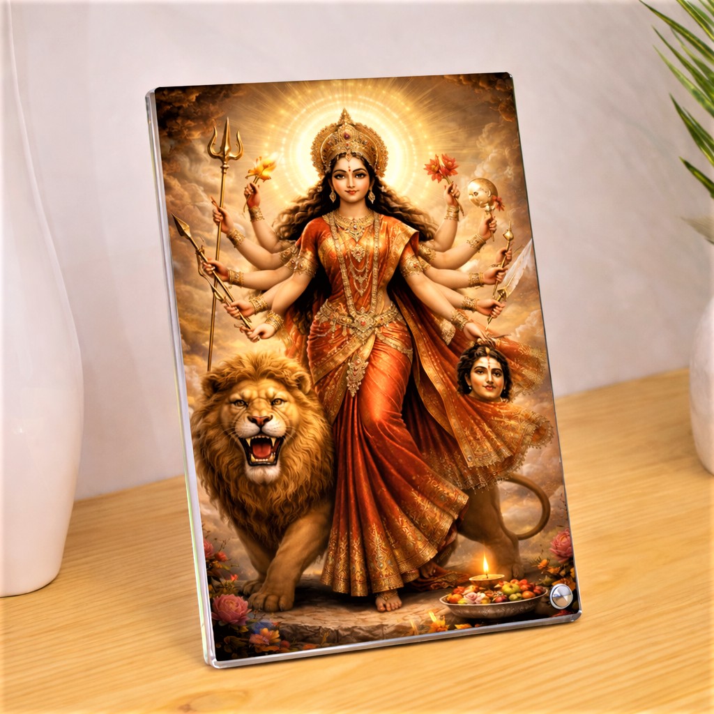 Acrylic Goddess Durga with Fierce Lion. Divine Strength & Beauty. Sparkle Acrylic Photo Frame, Religious Images, Puja Room, Tabletop Framing Solutions, Residential/Commercial Decor, Premium Gifts