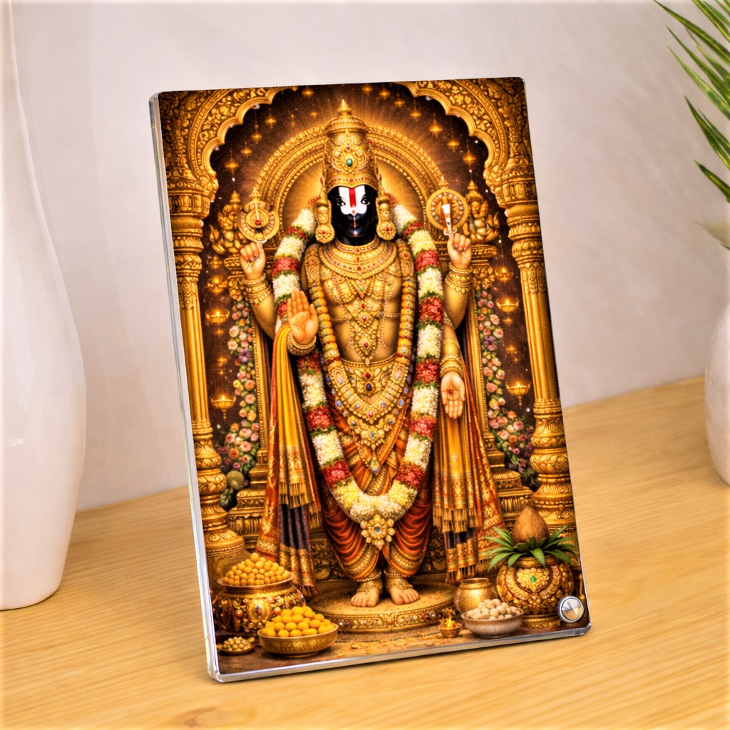 Dazzling Acrylic Lord Venkateswara Temple Frame Sparkle Acrylic Photo Frame, Religious Images, Spiritual Images, Puja Room, Tabletop Framing Solutions, Residential/Commercial Decor, Premium Gifts