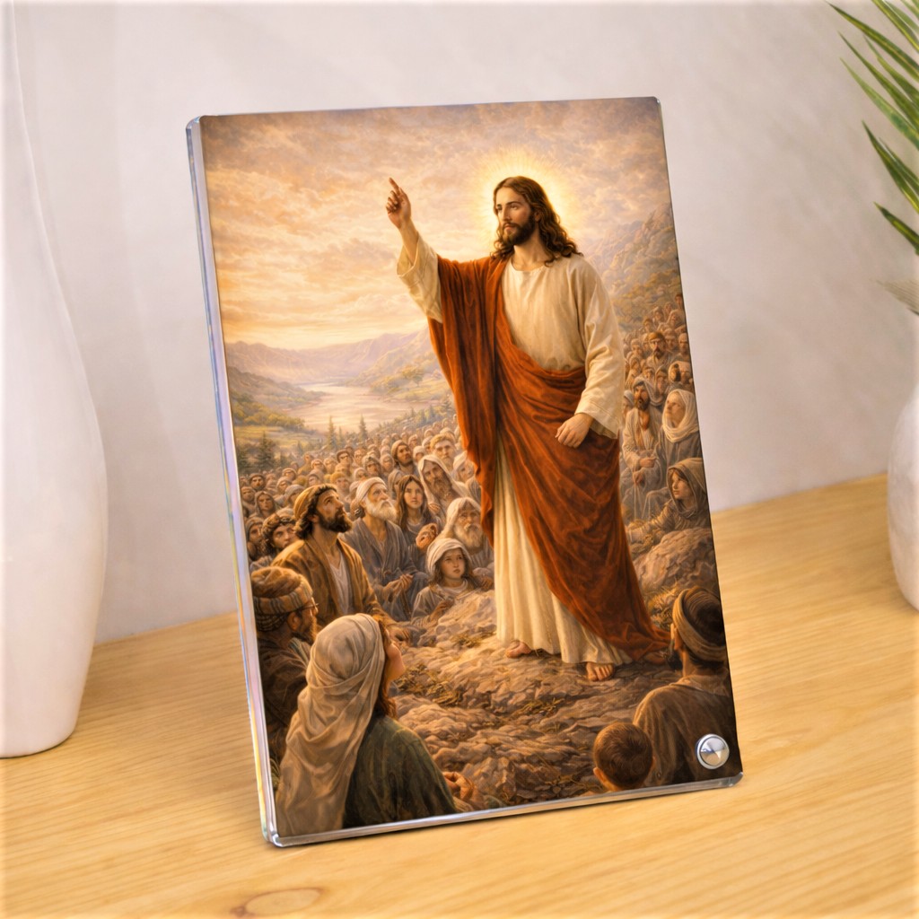 Radiant Acrylic Frame: Jesus' Sermon, Hand Raised to Heavens. Sparkle Acrylic Photo Frame, Religious Images, Spiritual Images, Tabletop Framing Solutions, Residential/Commercial Decor, Premium Gifts