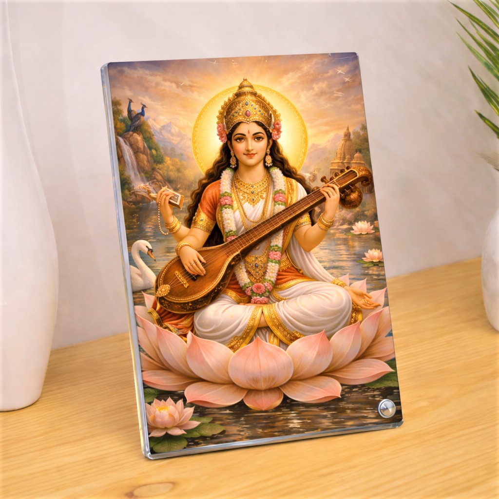 Devi Saraswati Veena Lotus Frame, Goddess of Wisdom & Beauty, Sparkle Acrylic Photo Frame, Religious Images, Puja Room, Tabletop Framing Solutions, Residential/Commercial Decor, Premium Gifts