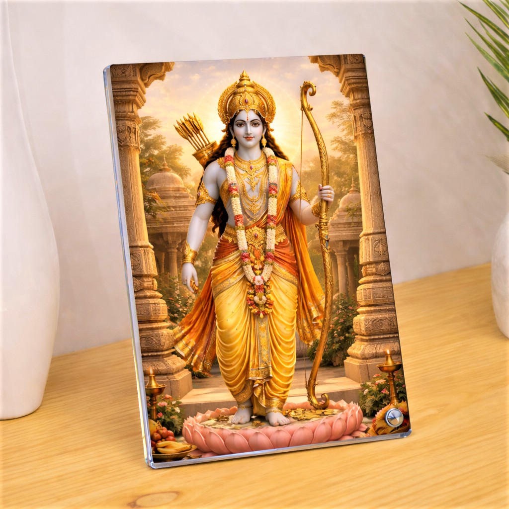 Gold Lord Rama Lotus Temple Frame Sparkle Acrylic Photo Frame, Religious Images, Spiritual Images, Puja Room, Tabletop Framing Solutions, Residential/Commercial Decor, Premium Gifts
