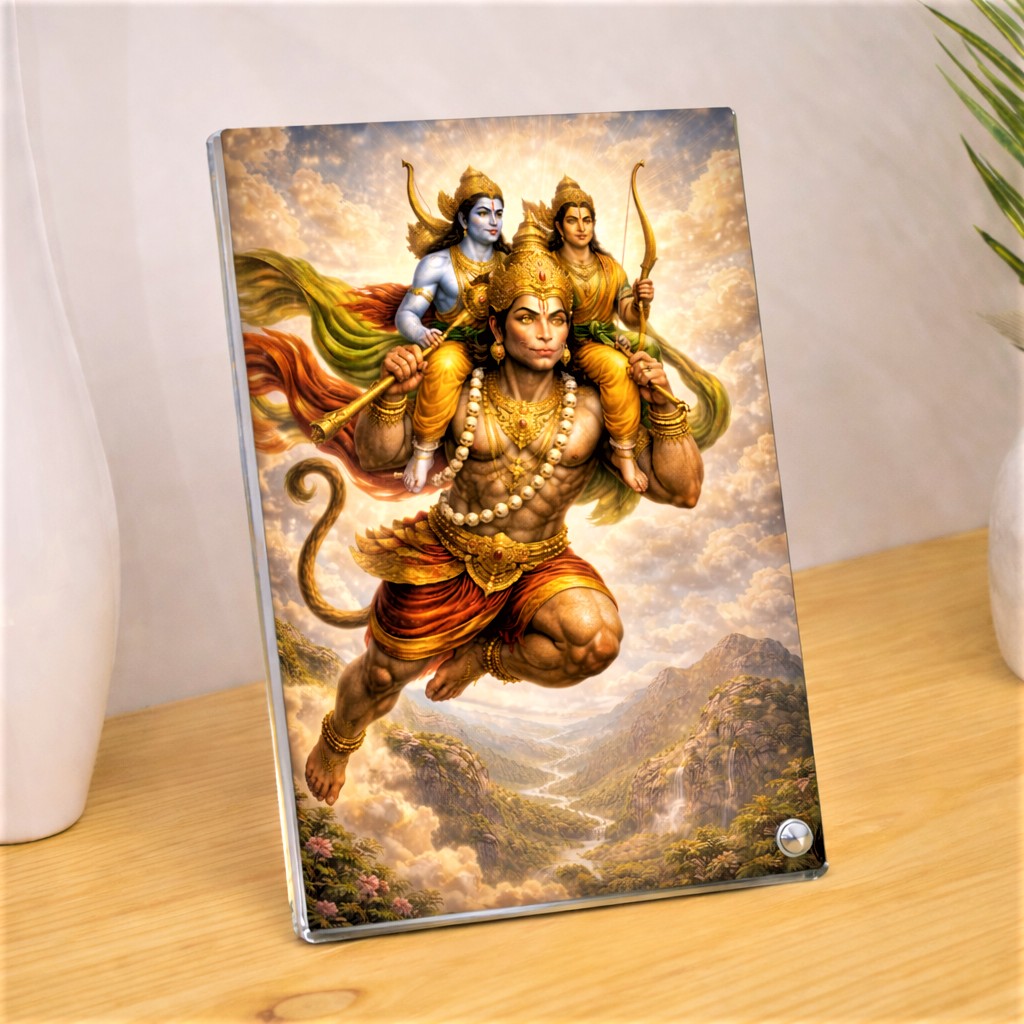 Hanuman Carrying Rama Lakshmana Acrylic Frame, Sparkle Acrylic Photo Frame, Religious Images, Spiritual Images, Puja Room, Tabletop Framing Solutions, Residential/Commercial Decor, Premium Gifts