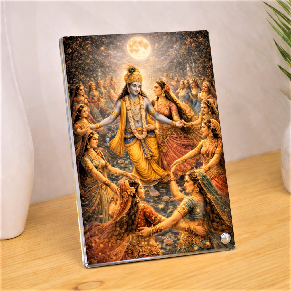 Sparkling Krishna Raas Leela Moonlit Acrylic Photo Frame Religious Images, Puja Room, Premium Gifts