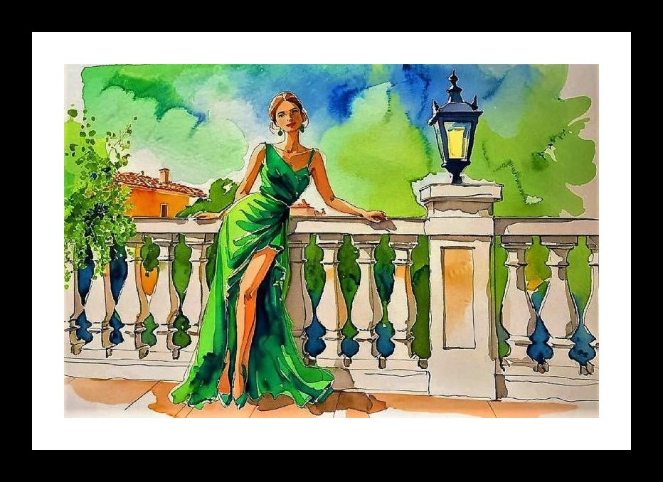 Elegant Woman in Green Gown Balcony Portrait Wall Art, Interior Accents, Framing Solutions, Residential/Commercial Decor, Premium Gifts | Size: 8 x 12 inches