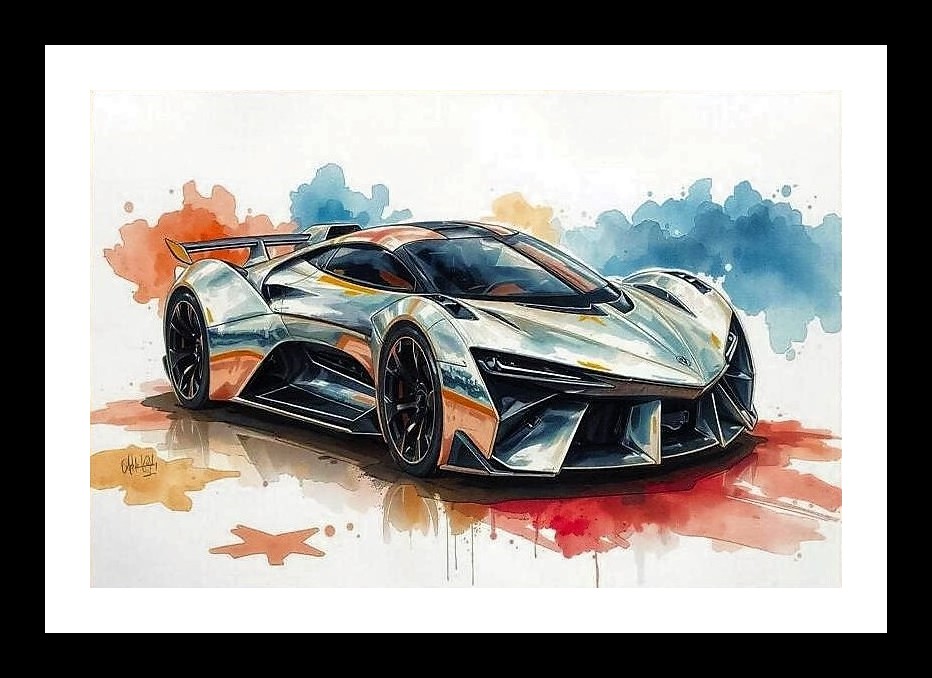 Futuristic Sports Car in Vibrant Motion, Photo Frame With Photo, Wall Hanging Art, Wall Decor, Home Decor, Picture Frame | Size: 8 x 12 inches