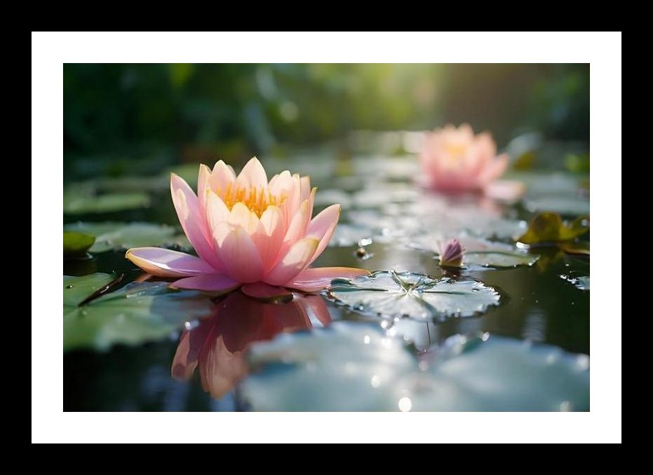 Serene Pink Lily Pond Bloom - Sunlit Tranquility Wall Art, Interior Accents, Framing Solutions, Residential/Commercial Decor, Premium Gifts | Size: 8 x 12 inches