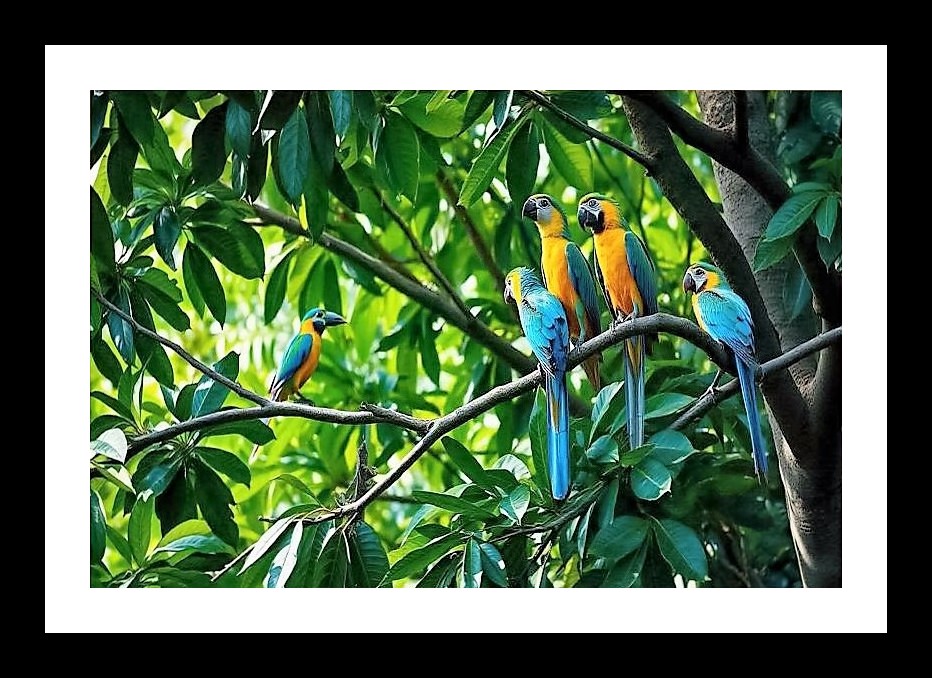 Tropical Parrot Paradise Portrait - Lush Green Forest Scene Wall Art, Interior Accents, Framing Solutions, Residential/Commercial Decor, Premium Gifts | Size: 8 x 12 inches