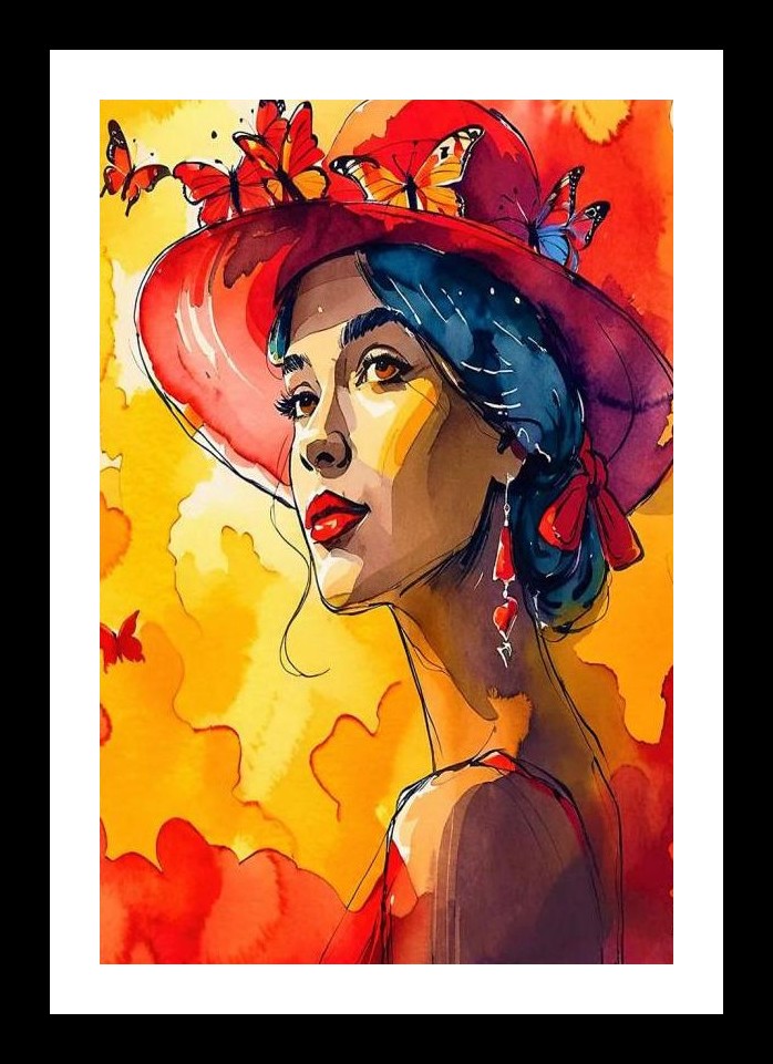Sunset Dream: Woman in Red Hat with Butterflies. Wall Art, Interior Accents, Framing Solutions, Residential/Commercial Decor, Premium Gifts | Size: 8 x 12 inches
