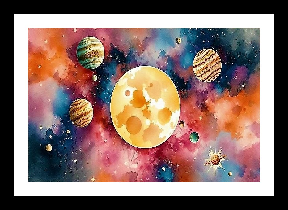 Celestial Watercolor Portrait: Cosmic Dance. Wall Art, Interior Accents, Framing Solutions, Residential/Commercial Decor, Premium Gifts | Size: 8 x 12 inches