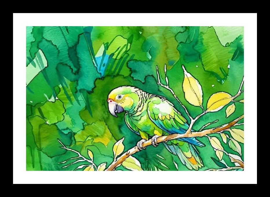 Emerald Parrot Paradise: Tropical Wall Art. Wall Art, Interior Accents, Framing Solutions, Residential/Commercial Decor, Premium Gifts | Size: 8 x 12 inches