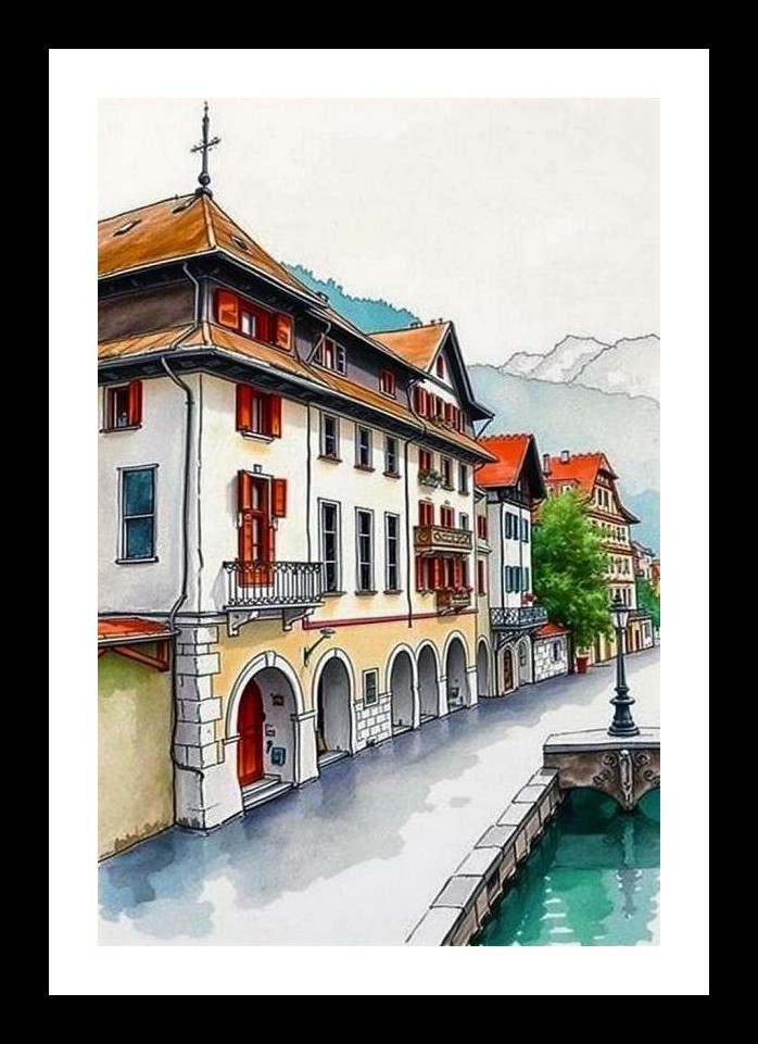 Canal Townscape: Serene European Village Art. Wall Art, Interior Accents, Framing Solutions, Residential/Commercial Decor, Premium Gifts | Size: 8 x 12 inches