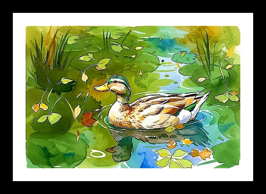 Autumn Duck Pond Painting - Serene Wildlife Art Wall Art, Interior Accents, Framing Solutions, Residential/Commercial Decor, Premium Gifts | Size: 8 x 12 inches