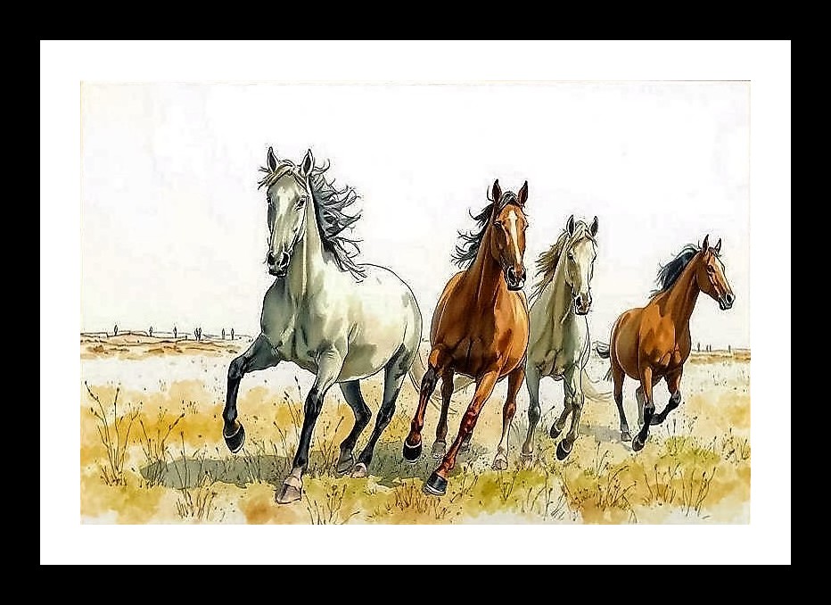 Wild Horses Watercolor Portrait - Majestic Race on Green Field Photo Frame With Photo, Wall Hanging Art, Wall Decor, Home Decor, Picture Frame | Size: 8 x 12 inches