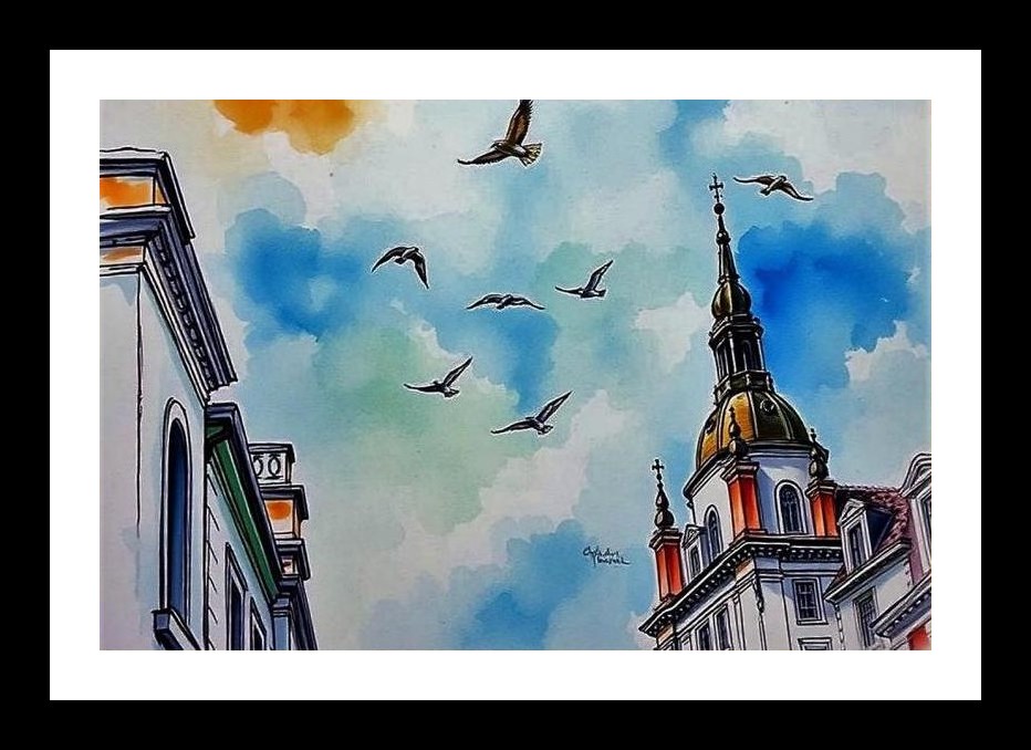 Birds Over Cityscape Portrait - Wall Art, Interior Accents, Framing Solutions, Residential/Commercial Decor, Premium Gifts | Size: 8 x 12 inches