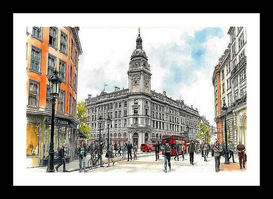 London Street Scene Watercolor Painting Wall Art, Interior Accents, Framing Solutions, Residential/Commercial Decor, Premium Gifts | Size: 8 x 12 inches
