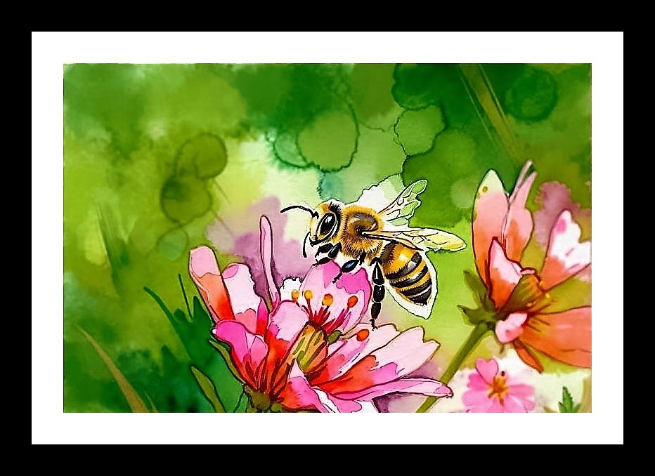 Bee & Pink Flowers Watercolor Painting Wall Art, Interior Accents, Framing Solutions, Residential/Commercial Decor, Premium Gifts | Size: 8 x 12 inches