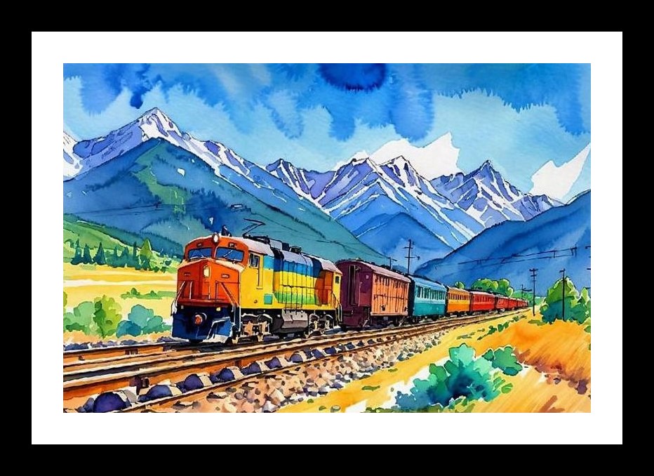 Mountain Train Vista: Vibrant Wall Art for Home & Office. Wall Art, Interior Accents, Framing Solutions, Residential/Commercial Decor, Premium Gifts | Size: 8 x 12 inches