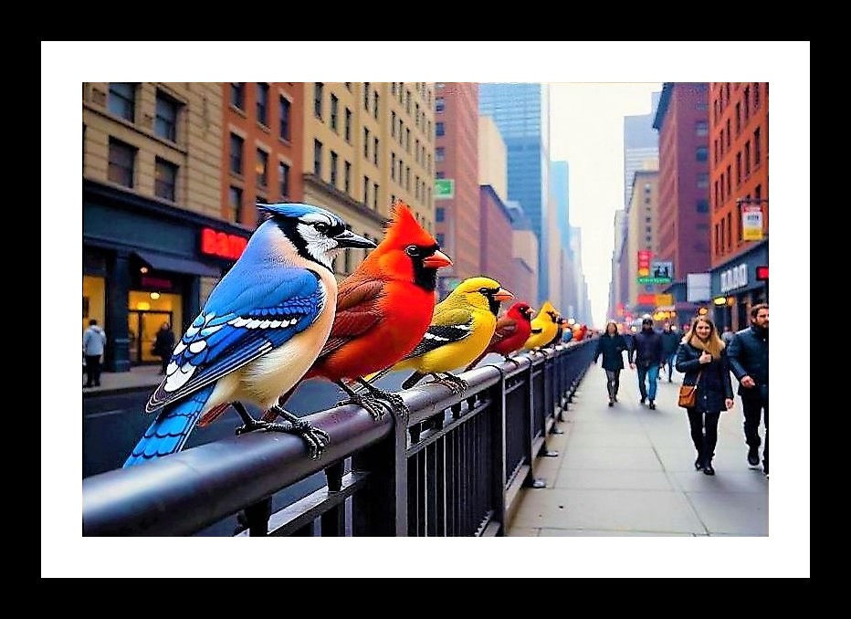 Urban Birds Portrait - Vibrant City Scene on Metal Fence Photo Frame With Photo, Wall Hanging Art, Wall Decor, Home Decor, Picture Frame | Size: 8 x 12 inches