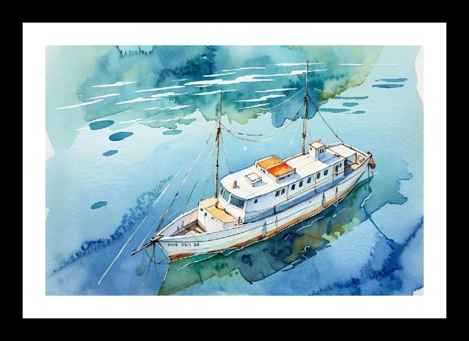 Watercolor Boat Serenity - Calm Blue Waters Art. Wall Art, Interior Accents, Framing Solutions, Residential/Commercial Decor, Premium Gifts | Size: 8 x 12 inches