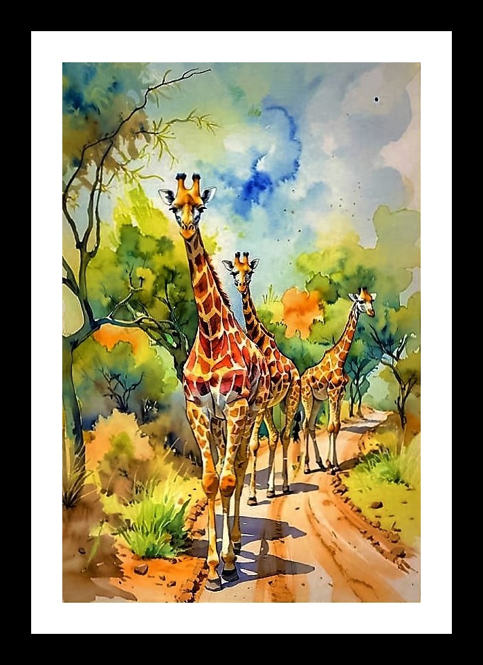 Giraffe Trio on Sunlit Path - African Portrait Wall Art, Interior Accents, Framing Solutions, Residential/Commercial Decor, Premium Gifts | Size: 8 x 12 inches