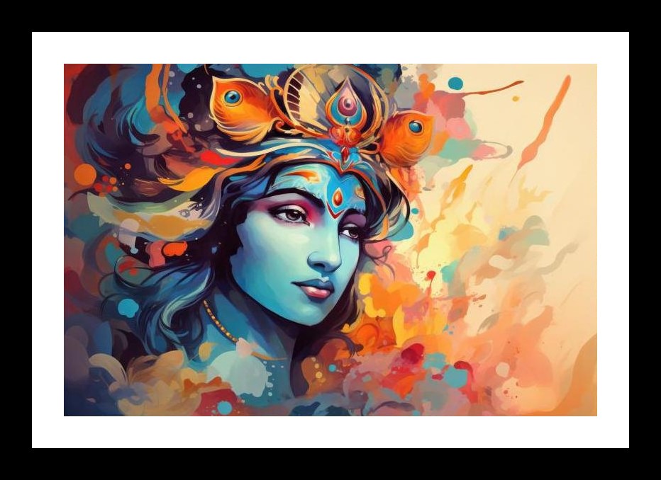 Radiant Krishna: Abstract Portrait with Peacock Feathers Wall Art, Interior Accents, Framing Solutions, Residential/Commercial Decor, Premium Gifts | Size: 8 x 12 inches