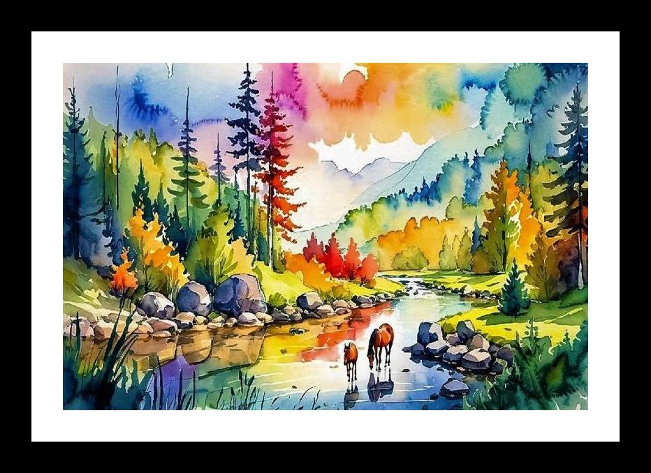 Watercolor River Horses: Autumn Landscape Portrait Wall Art, Interior Accents, Framing Solutions, Residential/Commercial Decor, Premium Gifts | Size: 8 x 12 inches