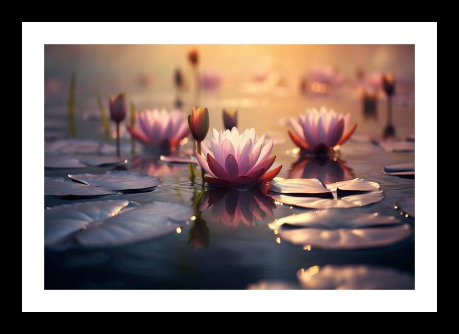 Serene Sunset Water Lilies Bloom - Reflective Tranquility. Wall Art, Interior Accents, Framing Solutions, Residential/Commercial Decor, Premium Gifts | Size: 8 x 12 inches