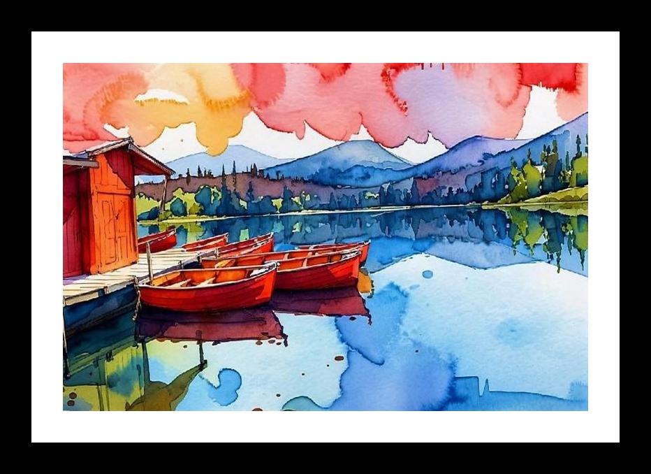 Red Boats Sunset Lakeside Portrait - Serene Wall Art, Interior Accents, Framing Solutions, Residential/Commercial Decor, Premium Gifts | Size: 8 x 12 inches
