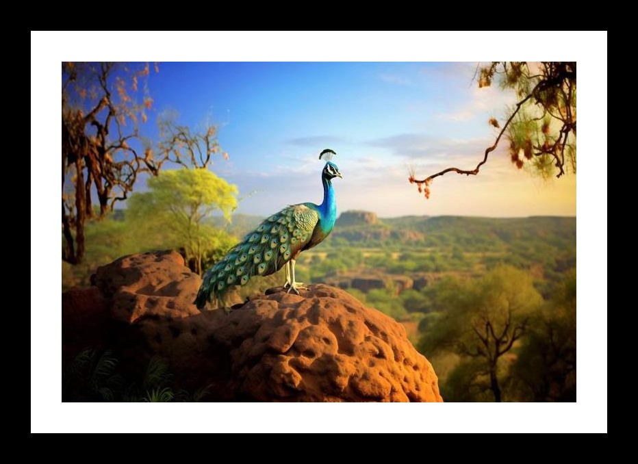 Peacock Majesty: Serene Landscape View. Wall Art, Interior Accents, Framing Solutions, Residential/Commercial Decor, Premium Gifts | Size: 8 x 12 inches