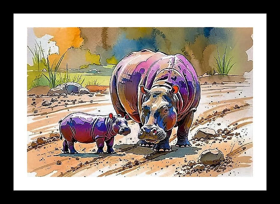 Hippo Mother & Calf Portrait - Vibrant Colors, Earthy Path. Wall Art, Interior Accents, Framing Solutions, Residential/Commercial Decor, Premium Gifts | Size: 8 x 12 inches