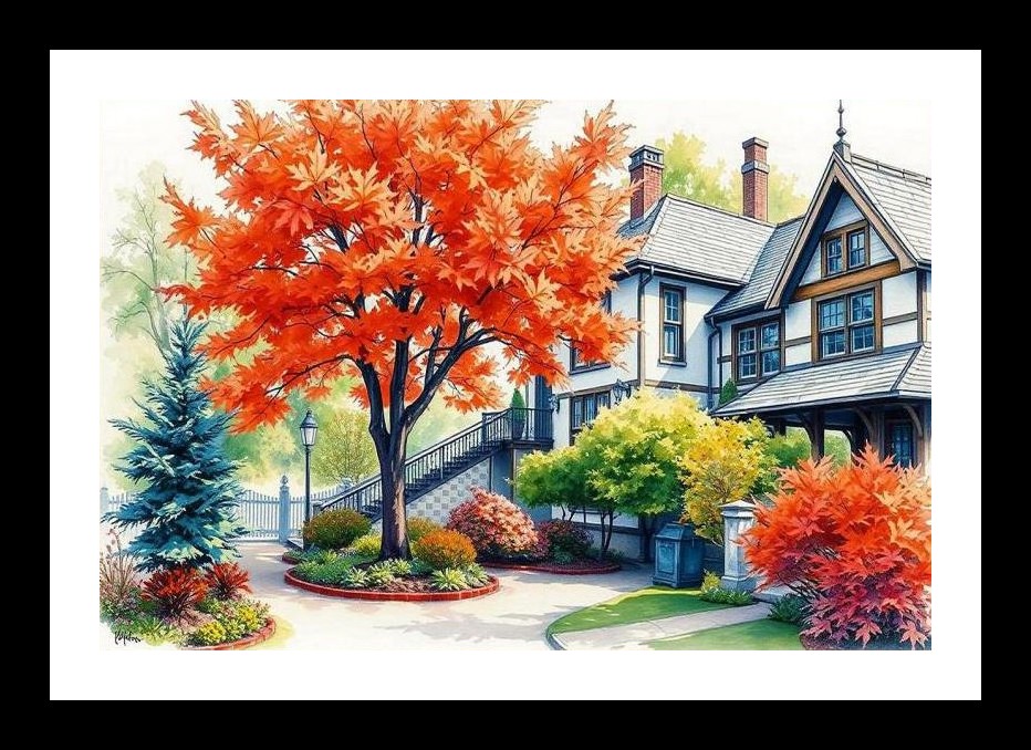 Autumn Home Portrait: Vibrant Foliage Painting. Wall Art, Interior Accents, Framing Solutions, Residential/Commercial Decor, Premium Gifts | Size: 8 x 12 inches