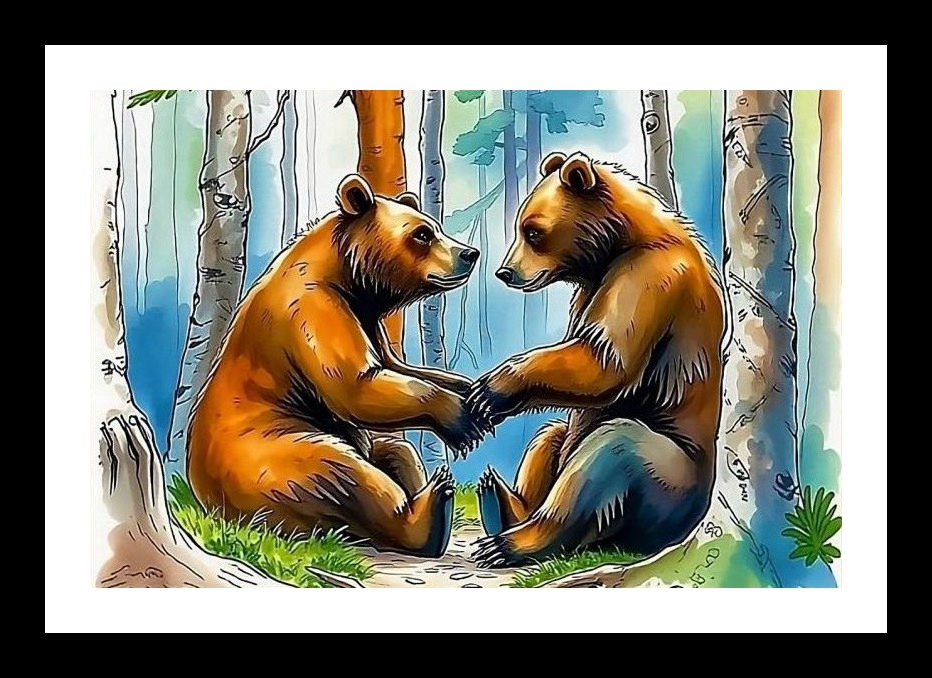 Brown Bears Holding Paws Portrait - Forest Clearing Art Wall Art, Interior Accents, Framing Solutions, Residential/Commercial Decor, Premium Gifts | Size: 8 x 12 inches