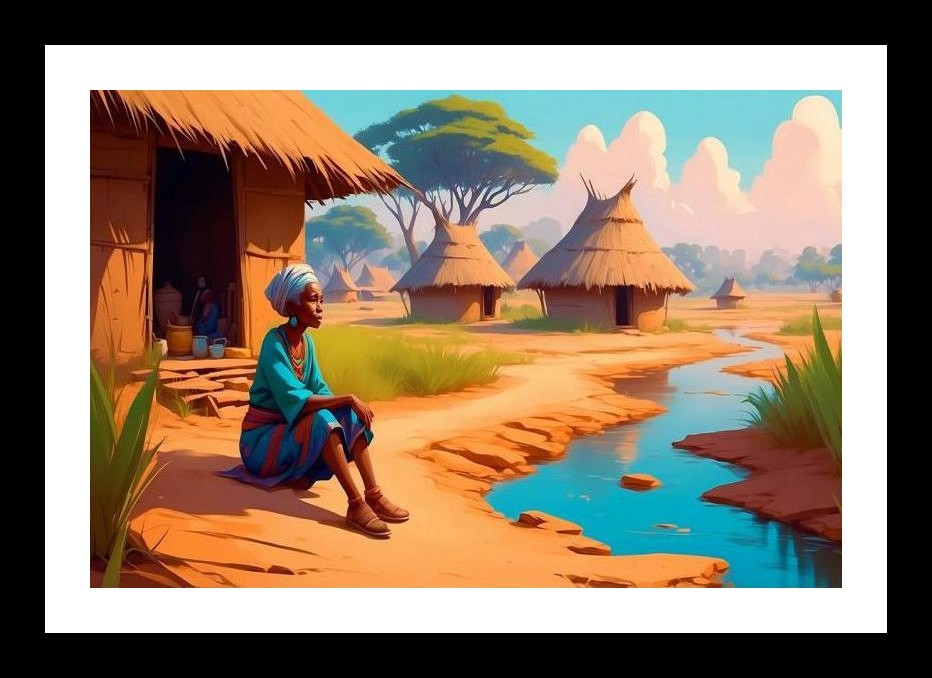 Serene Village Woman Portrait: Sunny Sky, Tranquil Stream. Wall Art, Interior Accents, Framing Solutions, Residential/Commercial Decor, Premium Gifts | Size: 8 x 12 inches