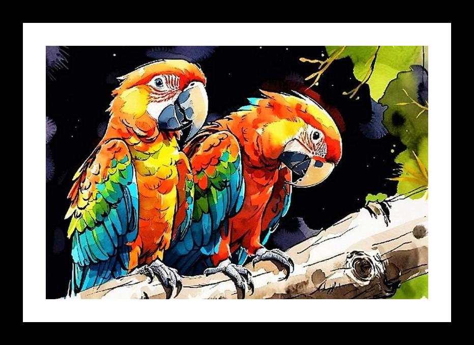 Vibrant Macaws on Dark Branch: Striking Portrait Wall Art, Interior Accents, Framing Solutions, Residential/Commercial Decor, Premium Gifts | Size: 8 x 12 inches