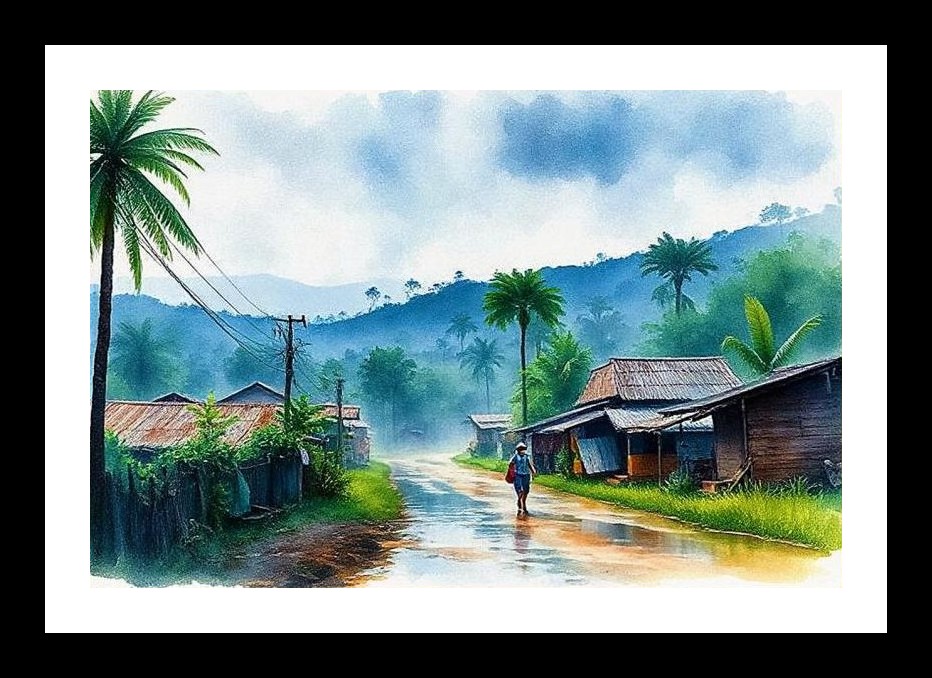 Rainy Tropical Village: Serene Traveler's Path Art Wall Art, Interior Accents, Framing Solutions, Residential/Commercial Decor, Premium Gifts | Size: 8 x 12 inches