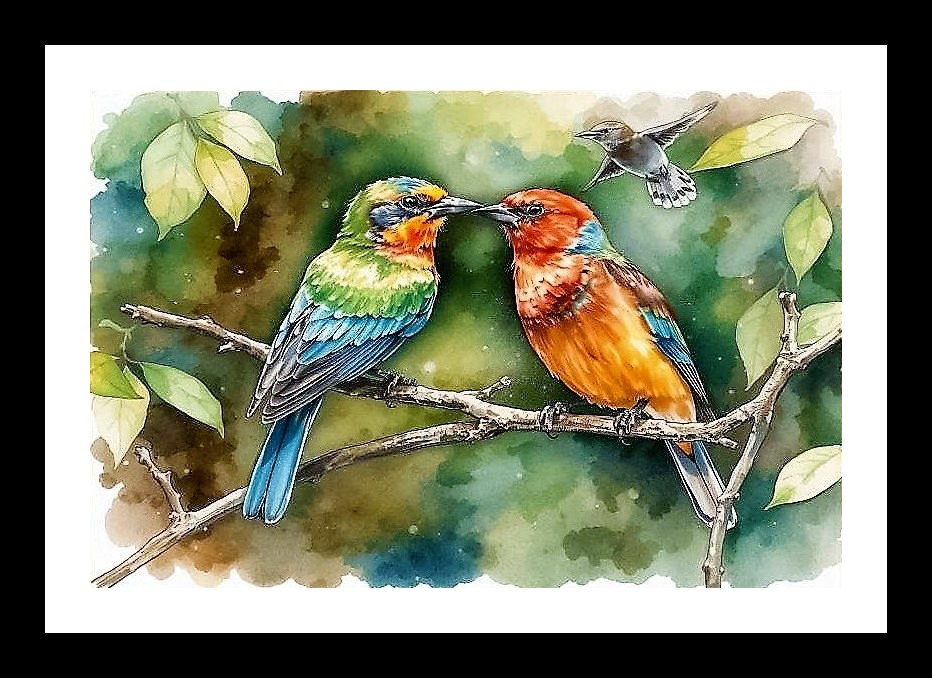 Tropical Birds Kissing Portrait - Serene Jungle Scene Photo Frame With Photo, Wall Hanging Art, Wall Decor, Home Decor, Picture Frame | Size: 8 x 12 inches