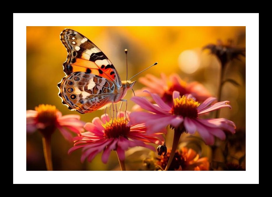 Painted Lady on Pink Bloom: Golden Sunlight Serenade Wall Art, Interior Accents, Framing Solutions, Residential/Commercial Decor, Premium Gifts | Size: 8 x 12 inches