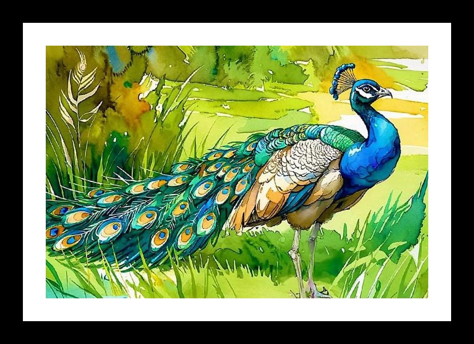 Watercolor Peacock Meadow Art - Vibrant Plumage Display Wall Art, Interior Accents, Framing Solutions, Residential/Commercial Decor, Premium Gifts | Size: 8 x 12 inches