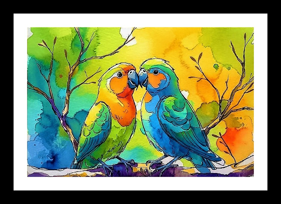 Parrot Kiss: Watercolor Tropical Love. Photo Frame With Photo, Wall Hanging Art, Wall Decor, Home Decor, Picture Frame | Size: 8 x 12 inches