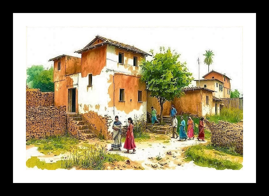 Rural India Watercolor Portrait: Village Scene Wall Art, Interior Accents, Framing Solutions, Residential/Commercial Decor, Premium Gifts | Size: 8 x 12 inches