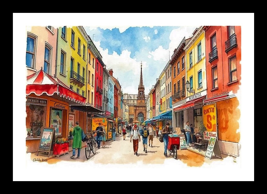 European Street Watercolor Art Print - Vibrant Scene Wall Art, Interior Accents, Framing Solutions, Residential/Commercial Decor, Premium Gifts | Size: 8 x 12 inches