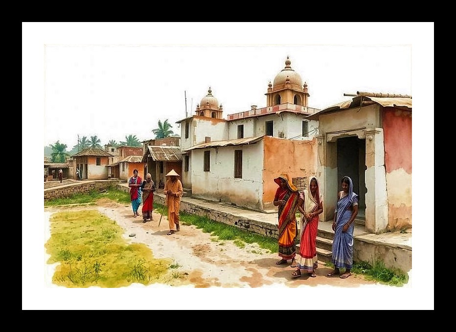 Indian Village Stroll: Vibrant Saris & Homes. Wall Art, Interior Accents, Framing Solutions, Residential/Commercial Decor, Premium Gifts | Size: 8 x 12 inches