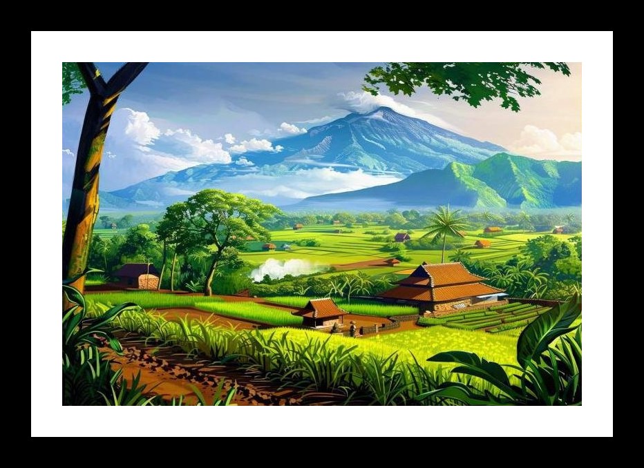 Serene Valley Rice Paddies & Volcano Portrait Wall Art, Interior Accents, Framing Solutions, Residential/Commercial Decor, Premium Gifts | Size: 8 x 12 inches