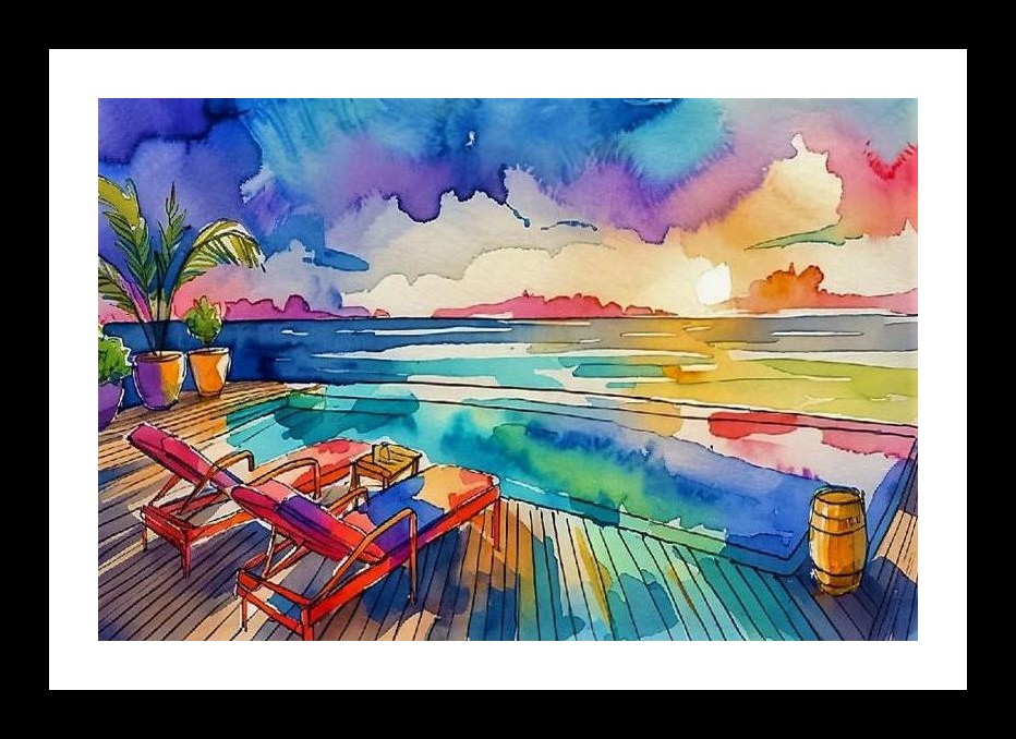 Sunset Serenity: Poolside Ocean View Portrait. Wall Art, Interior Accents, Framing Solutions, Residential/Commercial Decor, Premium Gifts | Size: 8 x 12 inches