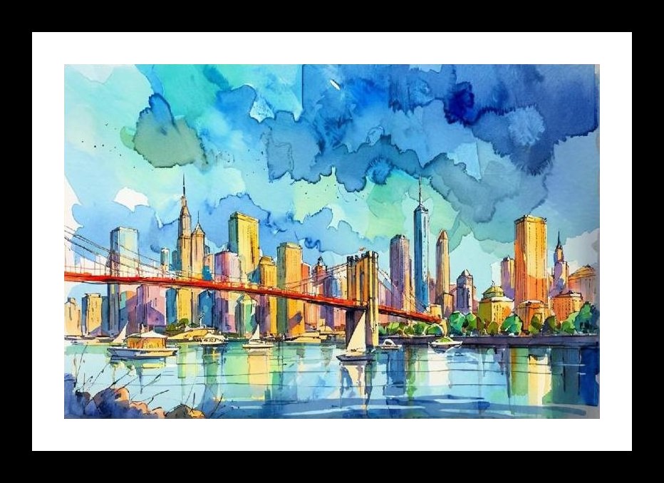 Watercolor Cityscape Portrait - Majestic Skyline by the River Photo Frame With Photo, Wall Hanging Art, Wall Decor, Home Decor, Picture Frame | Size: 8 x 12 inches
