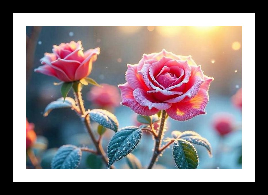 Frozen Rose Radiance: Morning Glow Photograph. Wall Art, Interior Accents, Framing Solutions, Residential/Commercial Decor, Premium Gifts | Size: 8 x 12 inches